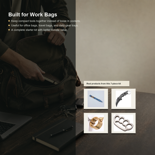 Everyday carry essentials organized beside a work bag