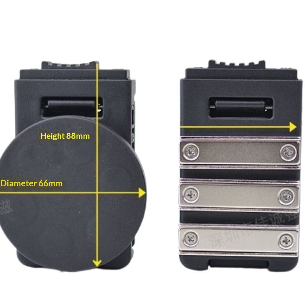 Front view comparing two models of magnetic belt clip: a suction cup style and a slim magnetic bar style
