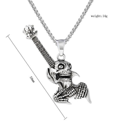 Skull Guitar Pendant Necklace – Punk Rock Skeleton Jewelry for Men & Women, Vintage Gothic Street Style