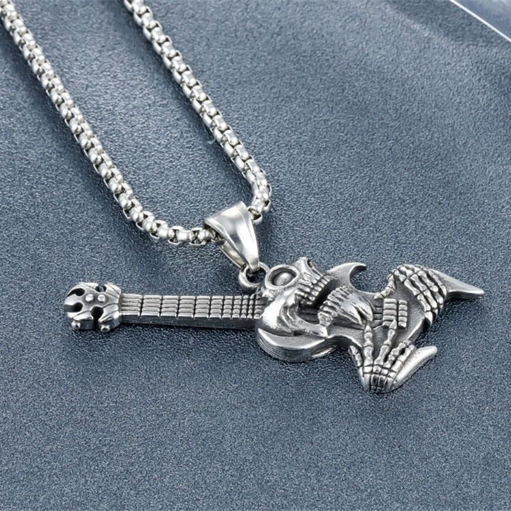 Skull Guitar Pendant Necklace – Punk Rock Skeleton Jewelry for Men & Women, Vintage Gothic Street Style