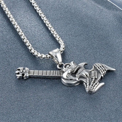 Skull Guitar Pendant Necklace – Punk Rock Skeleton Jewelry for Men & Women, Vintage Gothic Street Style