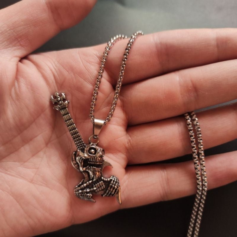 Skull Guitar Pendant Necklace – Punk Rock Skeleton Jewelry for Men & Women, Vintage Gothic Street Style