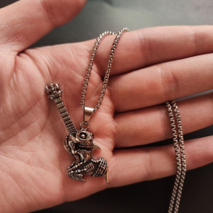 Skull Guitar Pendant Necklace – Punk Rock Skeleton Jewelry for Men & Women, Vintage Gothic Street Style