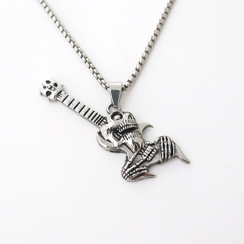 skull guitar pendant necklace punk rock gothic jewelry for men and women
