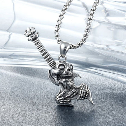 Skull Guitar Pendant Necklace – Punk Rock Skeleton Jewelry for Men & Women, Vintage Gothic Street Style