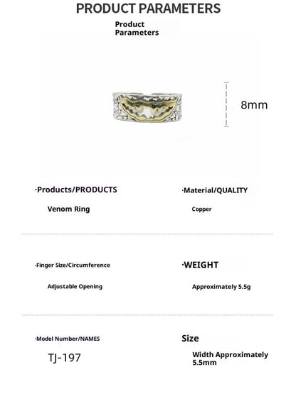Venom PureSilver Plated Brass Adjustable Ring-- Handmade