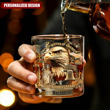 Personalized Patriotic Whiskey Glass – 1776–2026 250th Anniversary Gift
