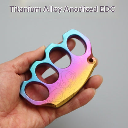 Premium titanium collectible displayed as an industrial-style EDC accessory and desk display piece.