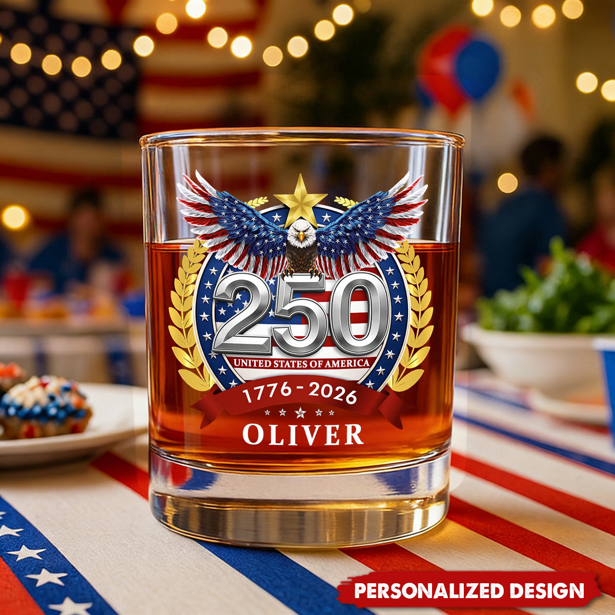 Personalized 250th Anniversary Whiskey Glass (1776–2026) | USA Patriotic Gift