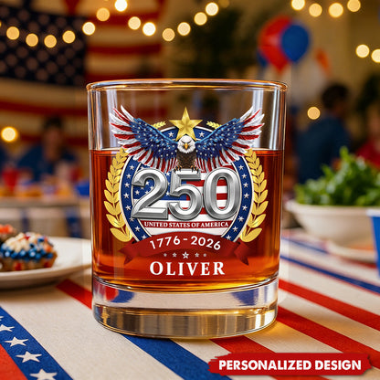 Personalized 250th Anniversary Whiskey Glass (1776–2026) | USA Patriotic Gift