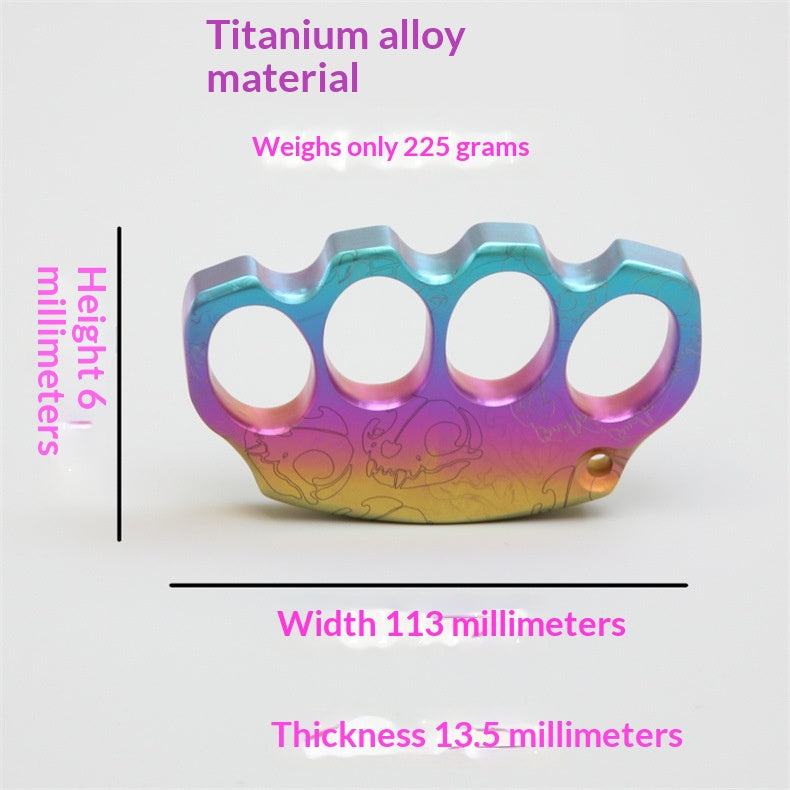 Close-up of heat-anodized titanium surface showing unique rainbow coloration and chamfered edges.