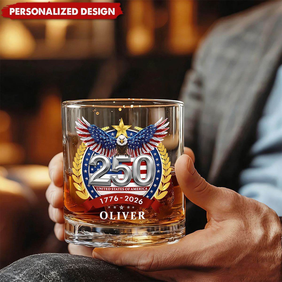 Personalized 250th Anniversary Whiskey Glass (1776–2026) | USA Patriotic Gift
