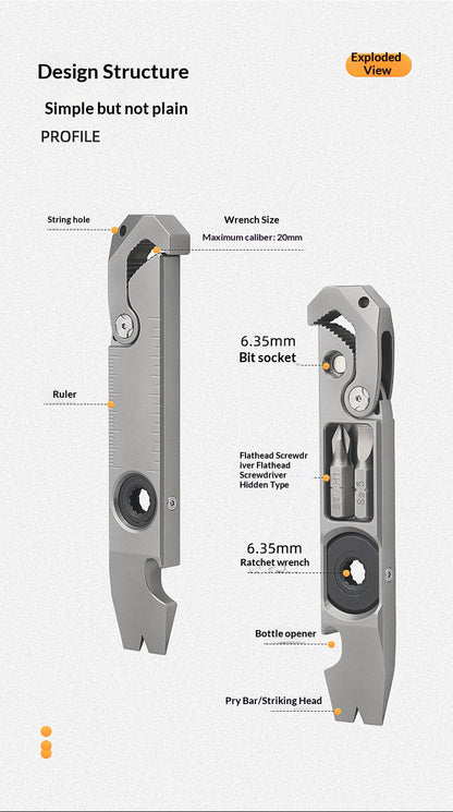 TC4 Titanium Alloy Multi-Functional EDC Pry Bar - Tactical Ratchet Wrench, Screwdriver & Window Breaker Tool