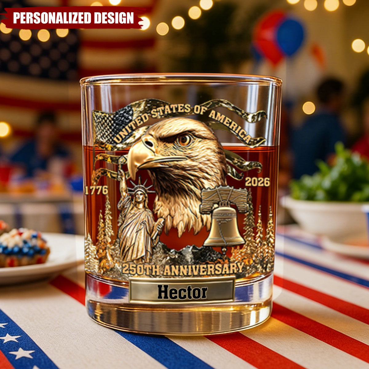 Personalized Patriotic Whiskey Glass – 1776–2026 250th Anniversary Gift