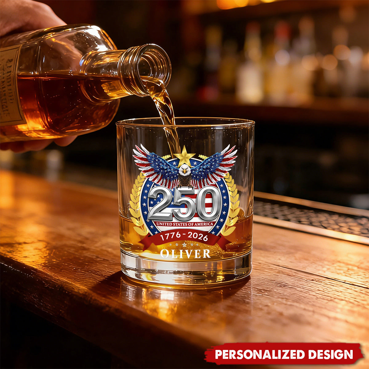 Personalized 250th Anniversary Whiskey Glass (1776–2026) | USA Patriotic Gift