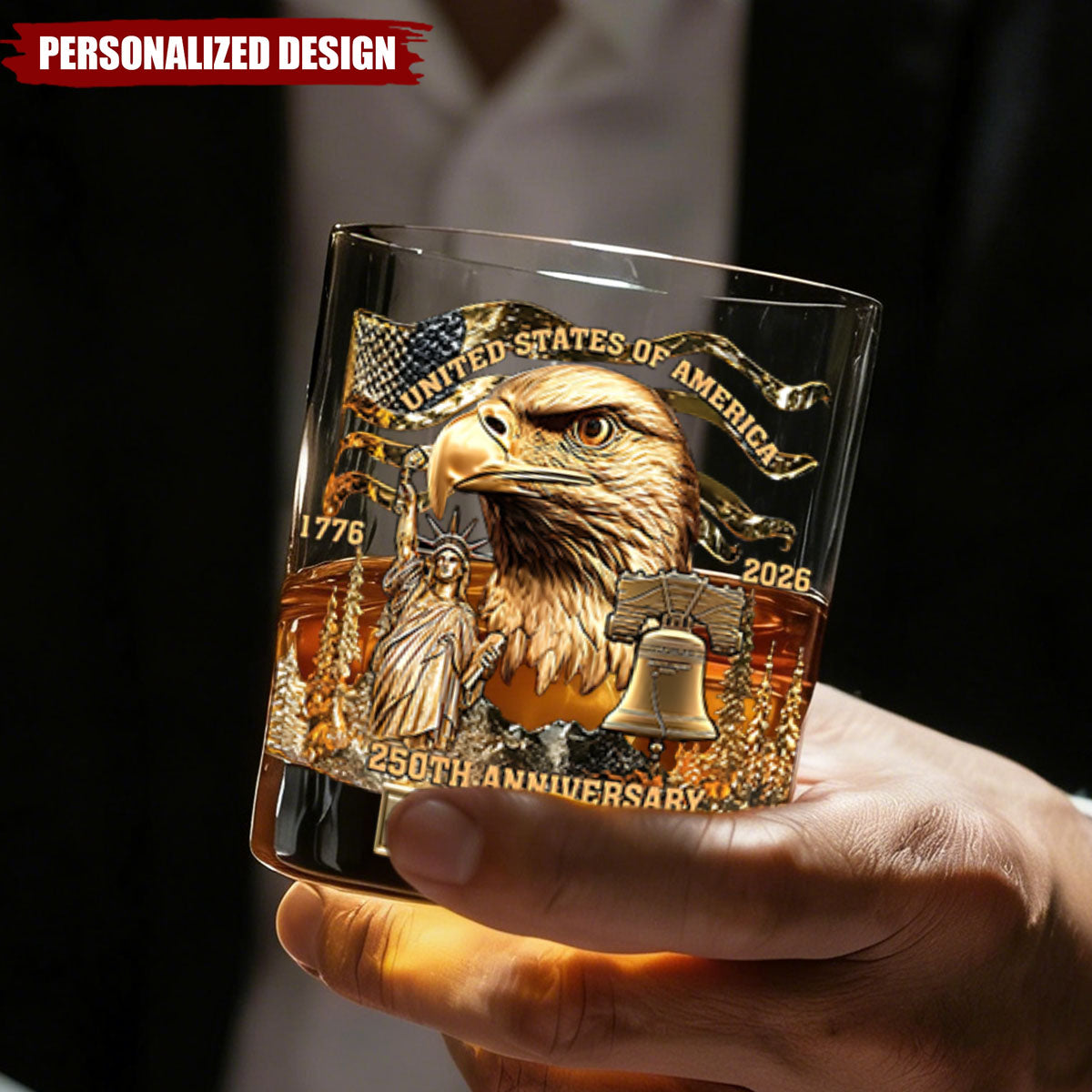 Personalized Patriotic Whiskey Glass – 1776–2026 250th Anniversary Gift