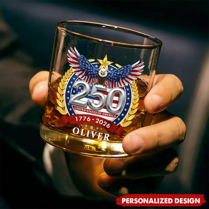 Personalized 250th Anniversary Whiskey Glass (1776–2026) | USA Patriotic Gift