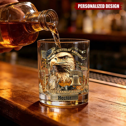 Personalized Patriotic Whiskey Glass – 1776–2026 250th Anniversary Gift