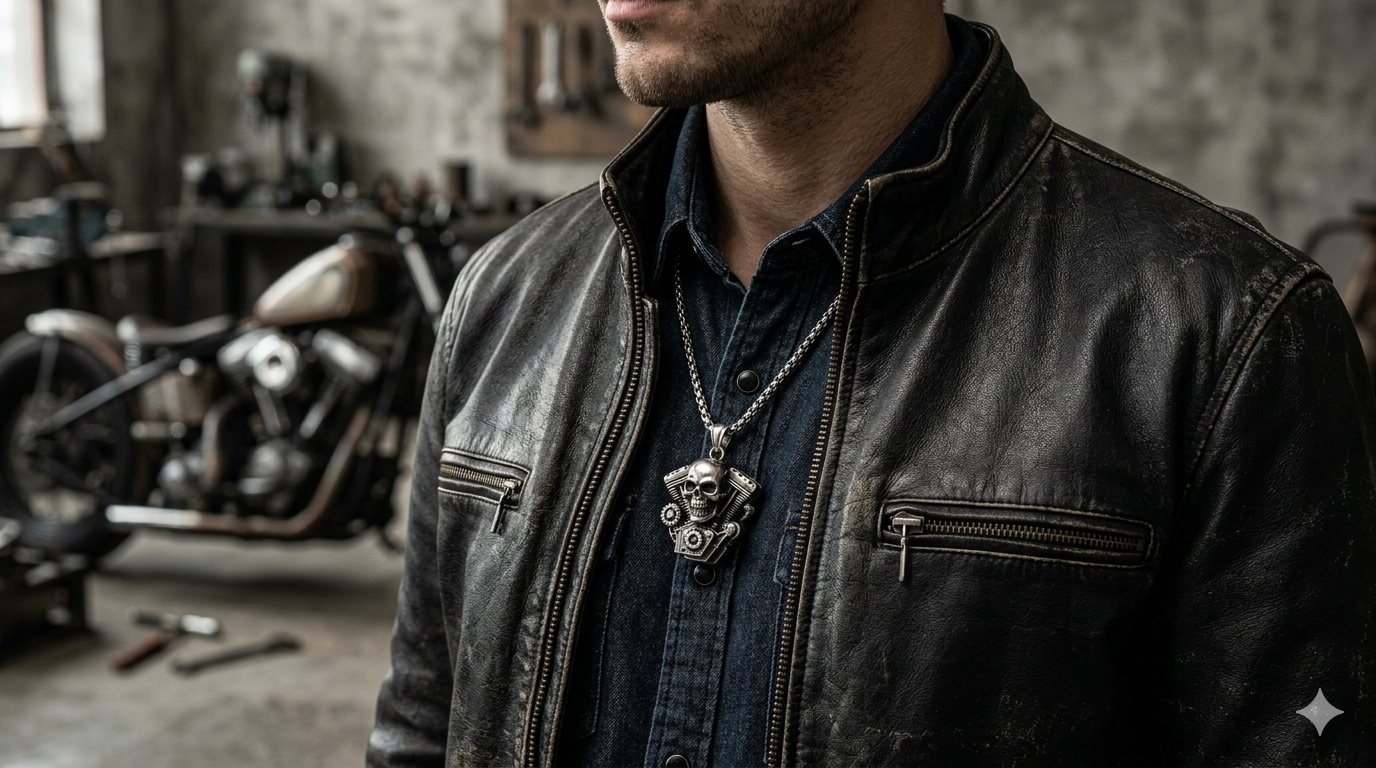 Vintage Punk Mechanical Skull Engine Pendant Necklace | Retro Biker Style Industrial Jewelry
