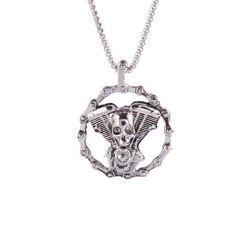 Vintage Mechanical Skull Engine Pendant Necklace for Men