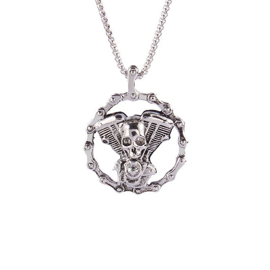 Vintage Mechanical Skull Engine Pendant Necklace for Men