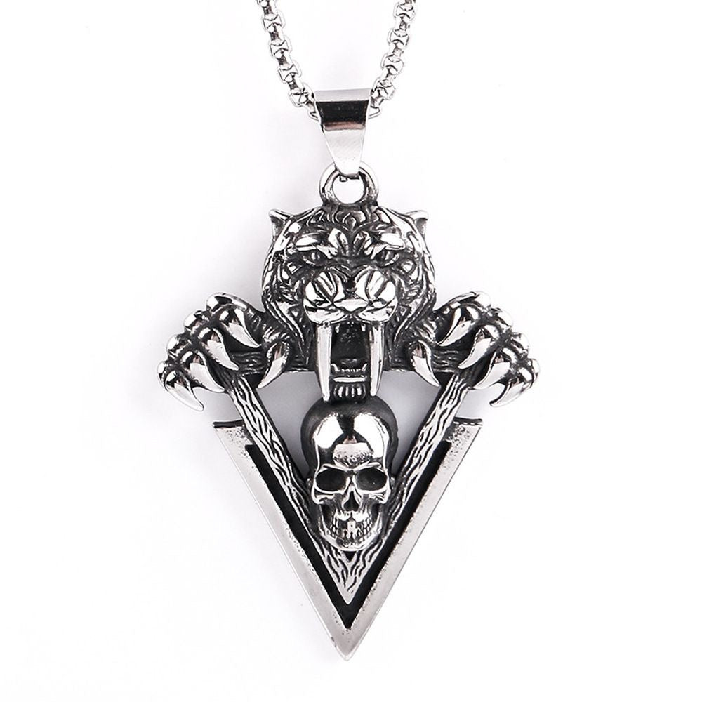 Domineering Tiger Head and Skull Pendant Necklace for Men Streetwear Style