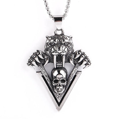 Domineering Tiger Head and Skull Pendant Necklace for Men Streetwear Style