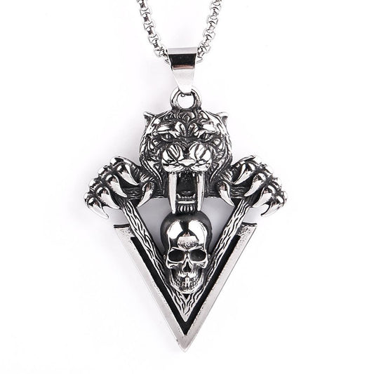 Domineering Tiger Head and Skull Pendant Necklace for Men Streetwear Style