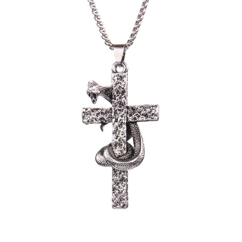 Gothic Cobra Snake Wrapped Cross Pendant Necklace for Men, Vintage Antique Silver Finish