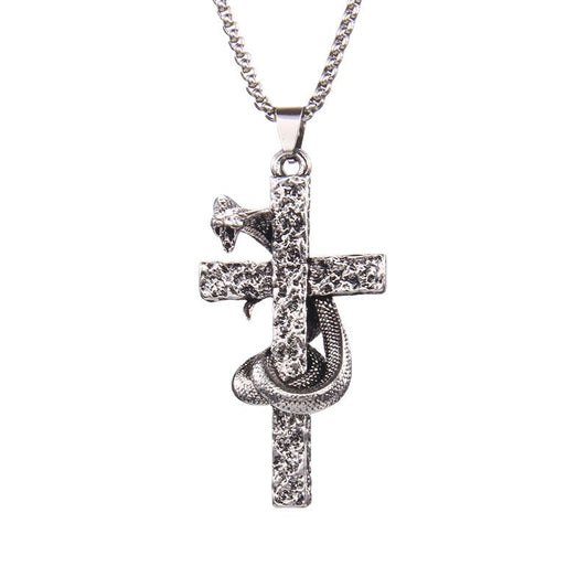 Gothic Cobra Snake Wrapped Cross Pendant Necklace for Men, Vintage Antique Silver Finish