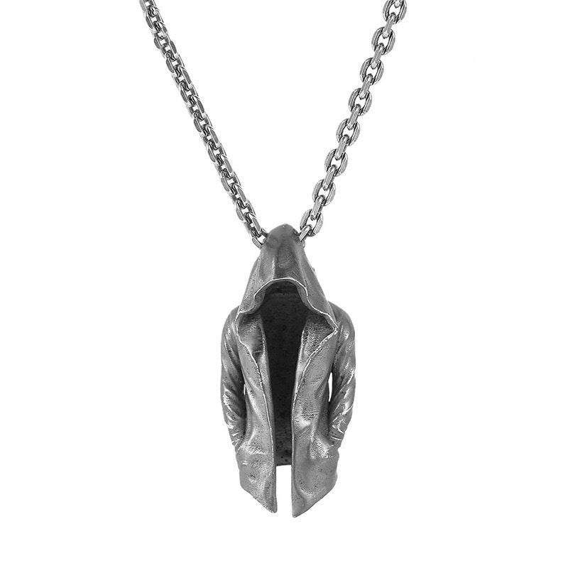 Antique Silver Gothic Hooded Phantom Reaper Pendant Necklace for Men, Edgy Dark Aesthetic Jewelry