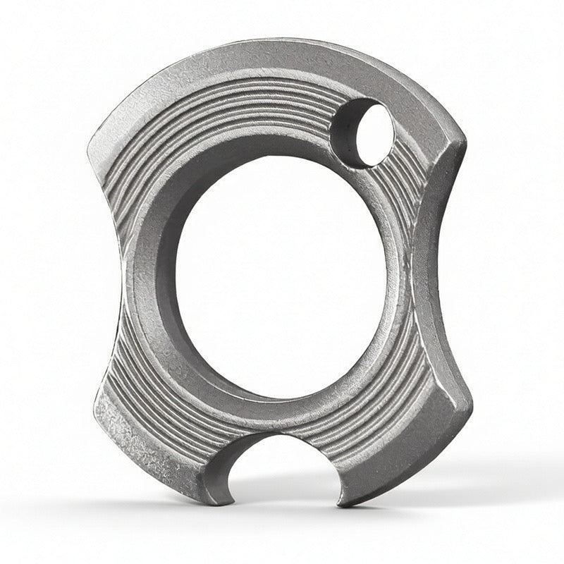 Compact zinc alloy EDC ring tool with sandblasted finish and integrated bottle opener.