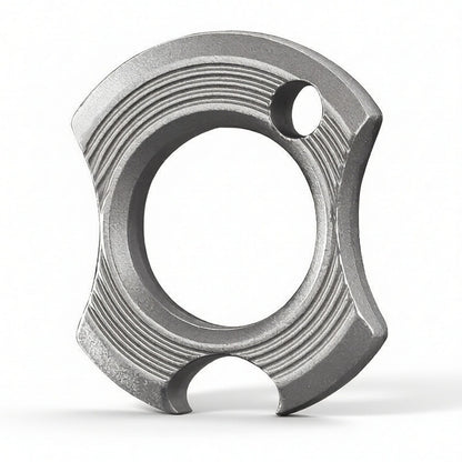 Compact zinc alloy EDC ring tool with sandblasted finish and integrated bottle opener.