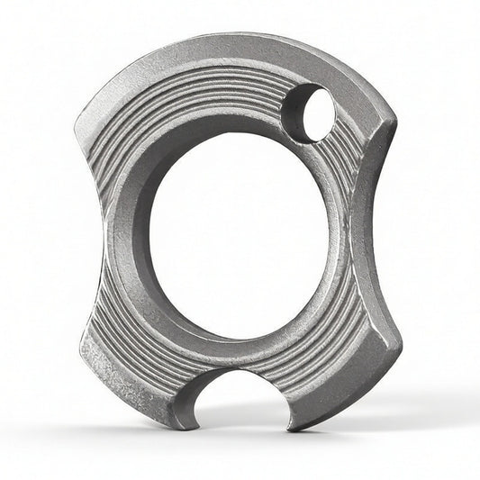 Compact zinc alloy EDC ring tool with sandblasted finish and integrated bottle opener.