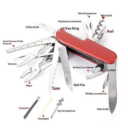 Annotated diagram showing 17 functions of the multi-functional folding knife including 420 stainless steel blade, pliers, and wood saw.