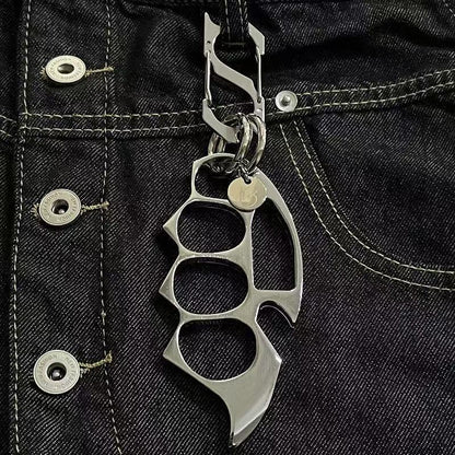 Silver keychain EDC knuckle accessory clipped to belt loop
