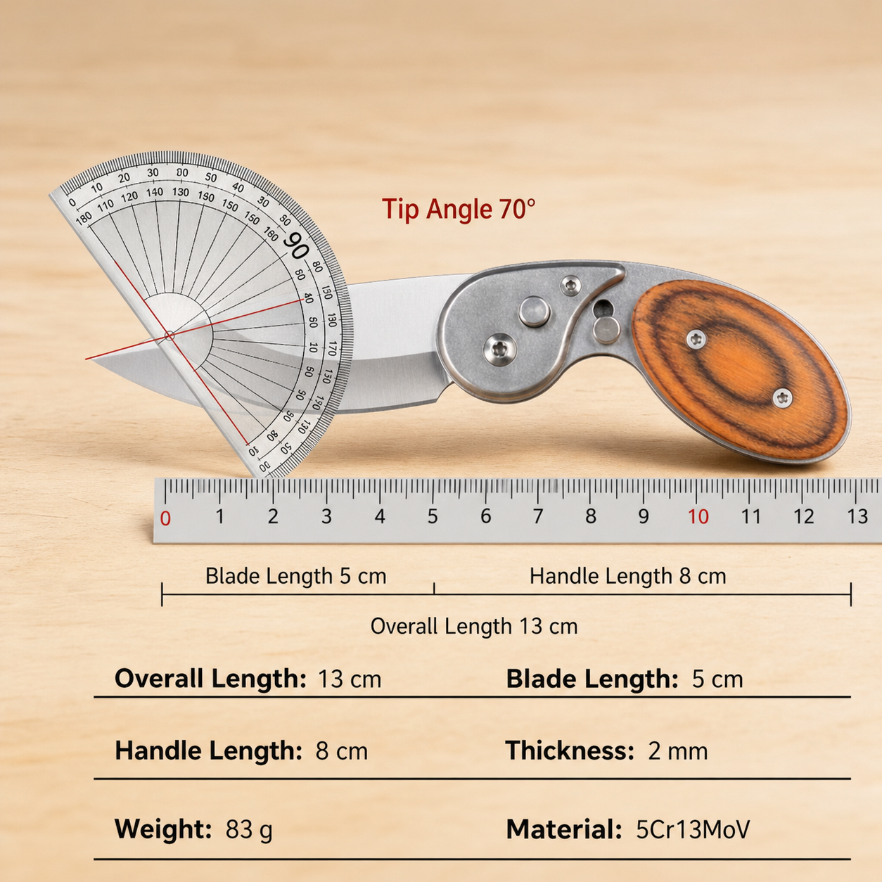 Mini wood handle EDC utility tool size chart