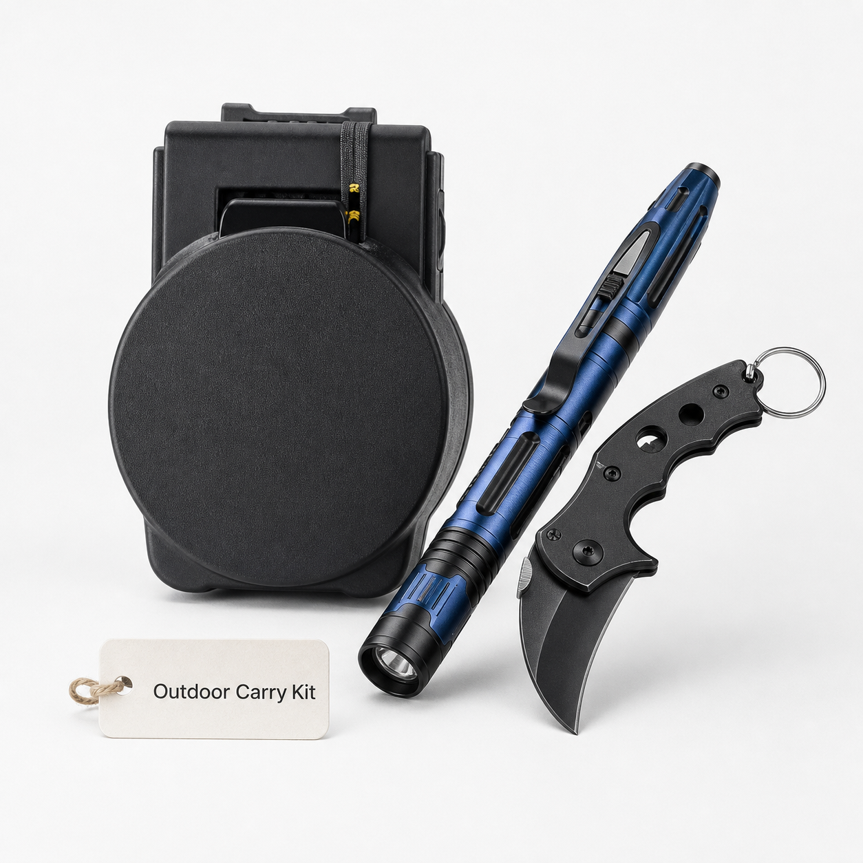 Outdoor Carry Kit bundle image with magnetic belt holder, tactical pen flashlight, and mini folding EDC utility knife