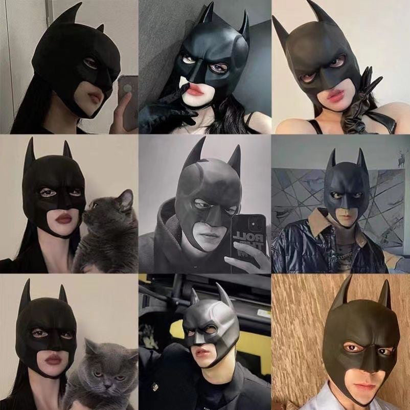 Black PVC vigilante cowl mask costume gallery
