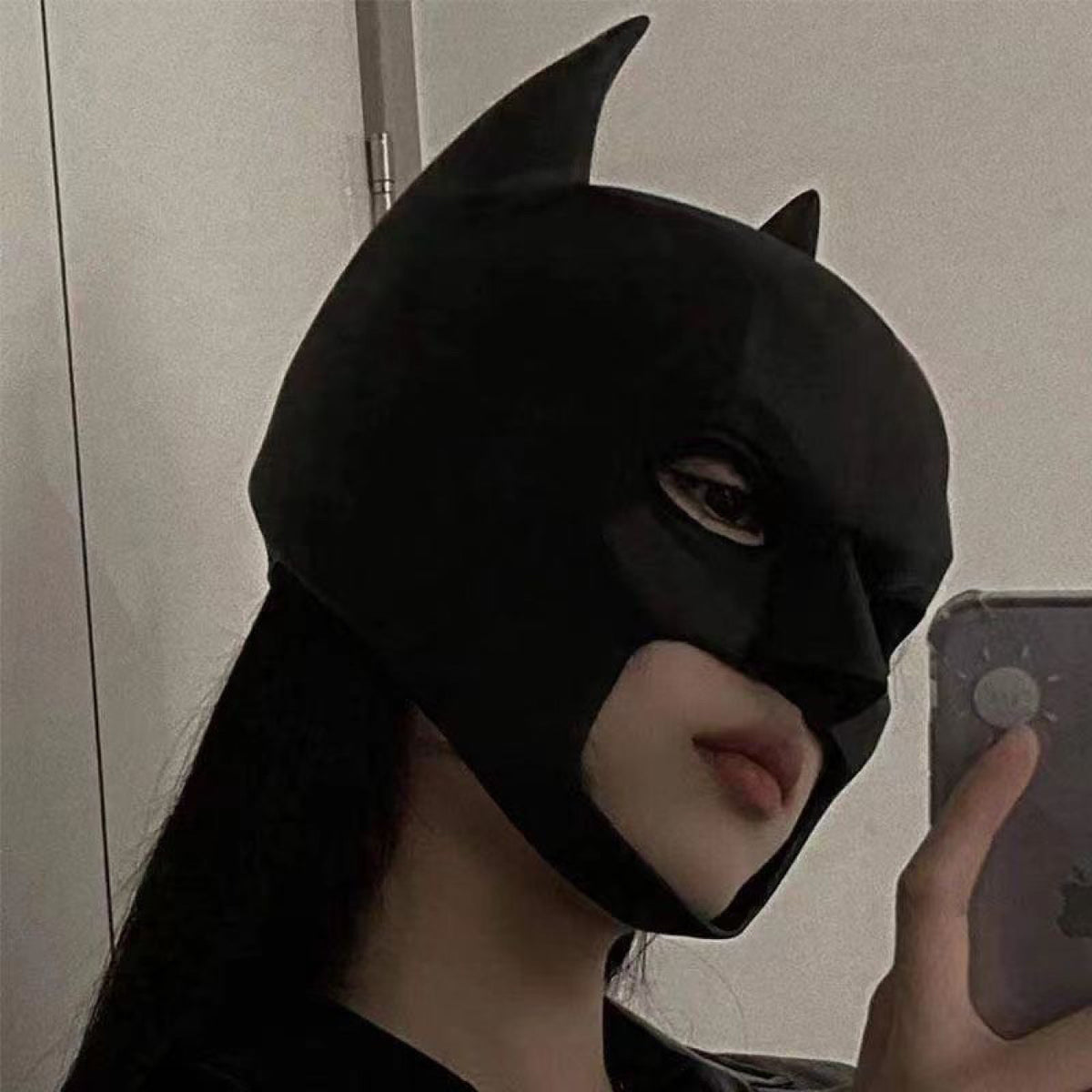 Black PVC vigilante cowl mask side view