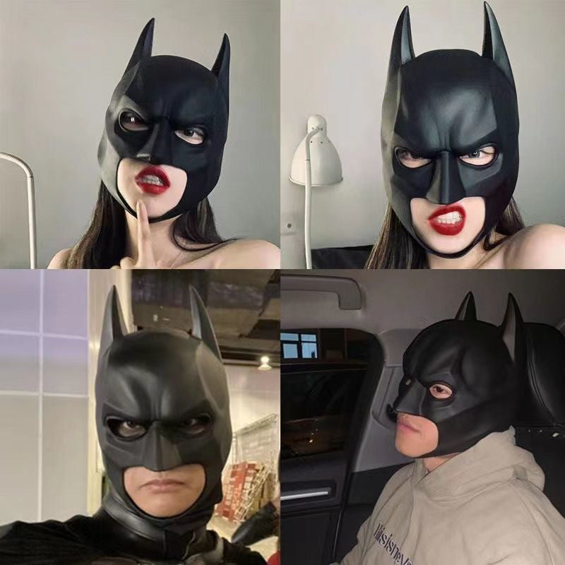 Black PVC vigilante cowl mask worn from multiple angles