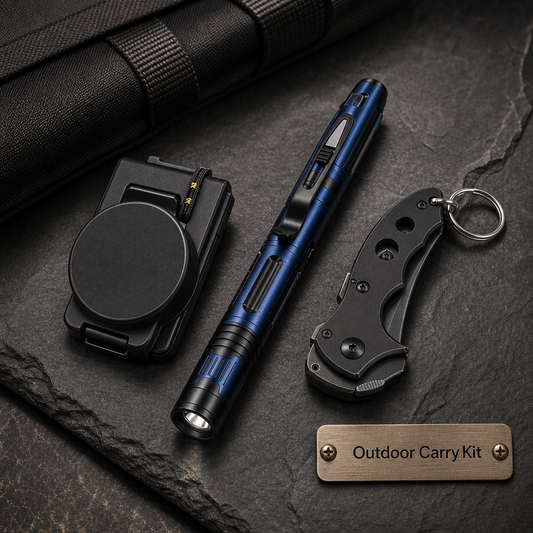 TrailReady EDC Carry Kit with T-05 titanium coated pen flashlight, magnetic belt holder, and mini EDC knife